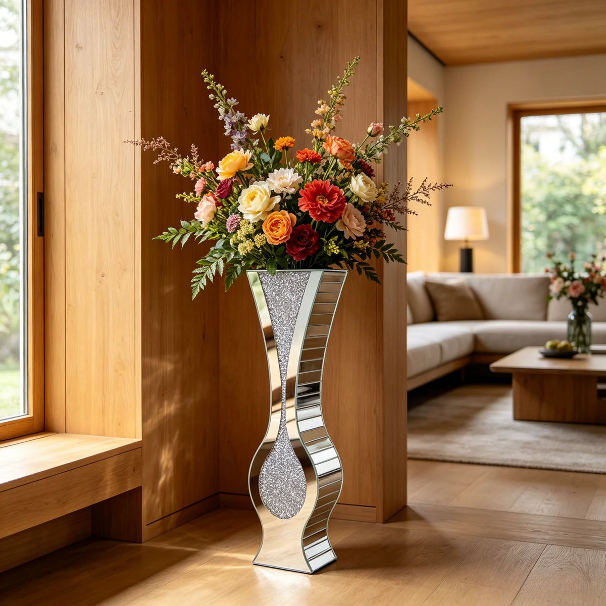 Modern Crushed Diamond Mirrored Floor Glass Vase Home Decor
